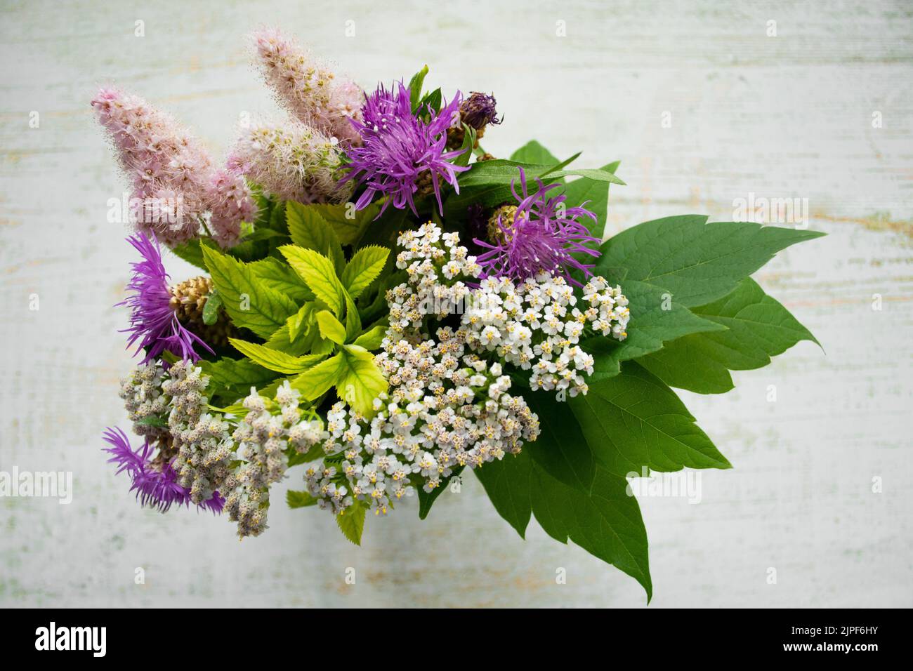 Primo piano di un bouquet di fiori selvatici su uno sfondo di legno. Stile rustico. Foto Stock