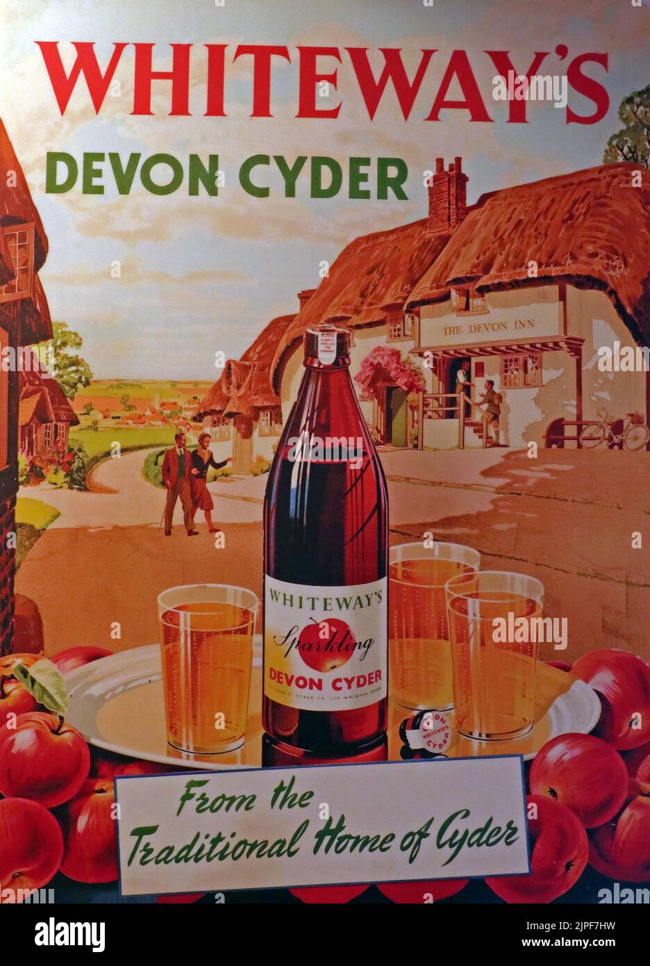 Poster pubblicitario per il sidro frizzante Devon Whiteways "niente più di sidri ordinari" - "dalla casa tradizionale del sidro" Foto Stock