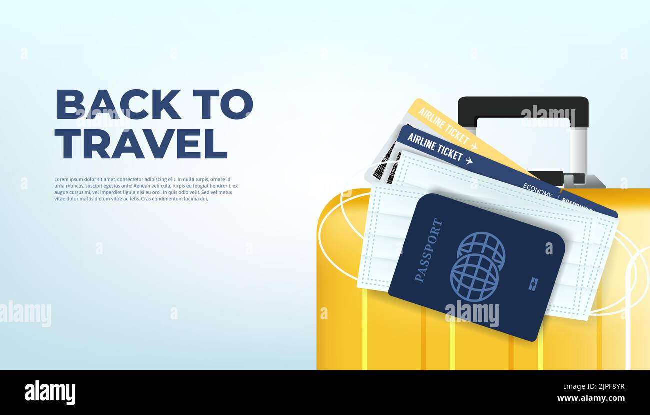 Prepara i bagagli, il passaporto, il biglietto e la maschera per il ritorno al viaggio. Pronto per viaggiare, concetto di banner ritorno al viaggio. Illustrazione Vettoriale