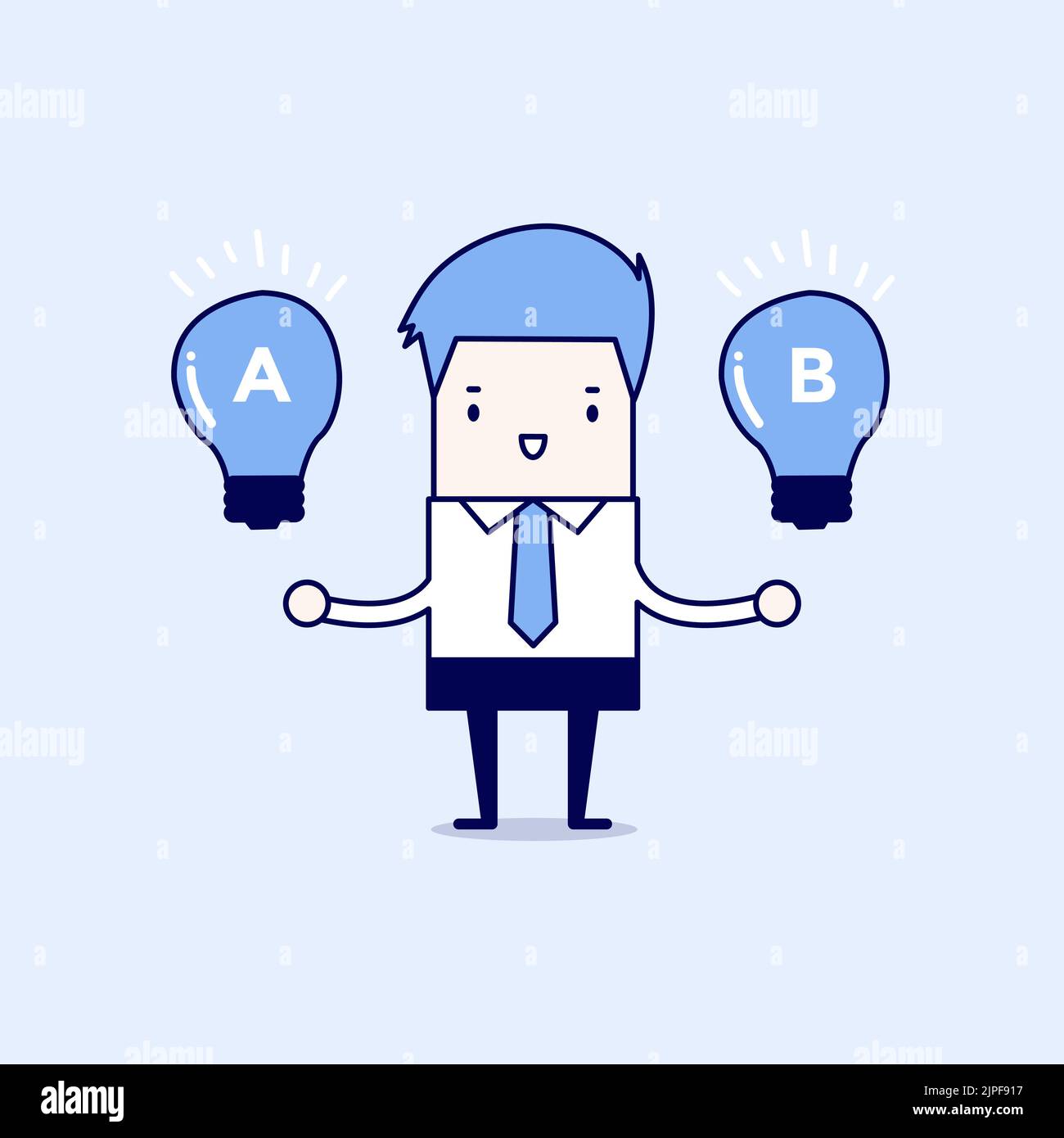L'uomo d'affari confronta l'idea A con l'idea B. Cartoon carattere vettore stile linea sottile. Illustrazione Vettoriale