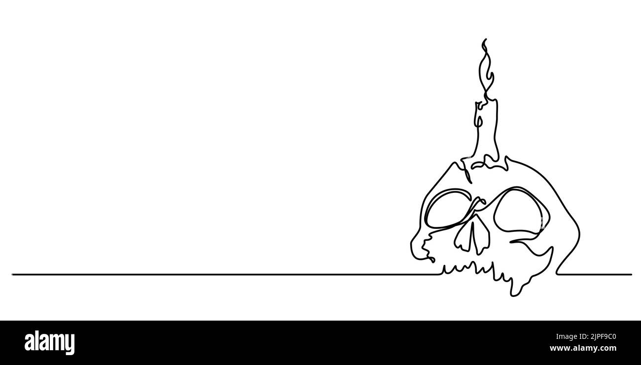 cranio horror con sfondo halloween candela. linea continua di testa scheletro vettore illustrazione Illustrazione Vettoriale
