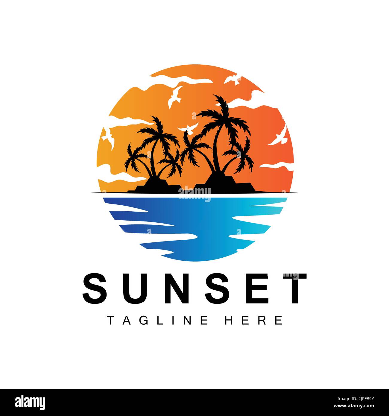 Sunset Beach Logo Design, Seascape Illustration, Red Day Vacation Spot Vector Illustrazione Vettoriale