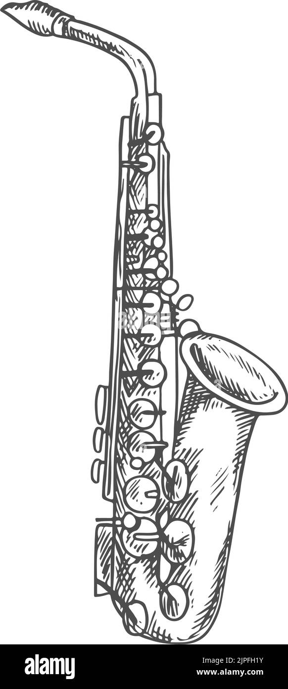 Schizzo isolato di strumenti musicali con clarinetto o sassofono. Tromba vettoriale per sax woodwind o orchestra di basso Illustrazione Vettoriale