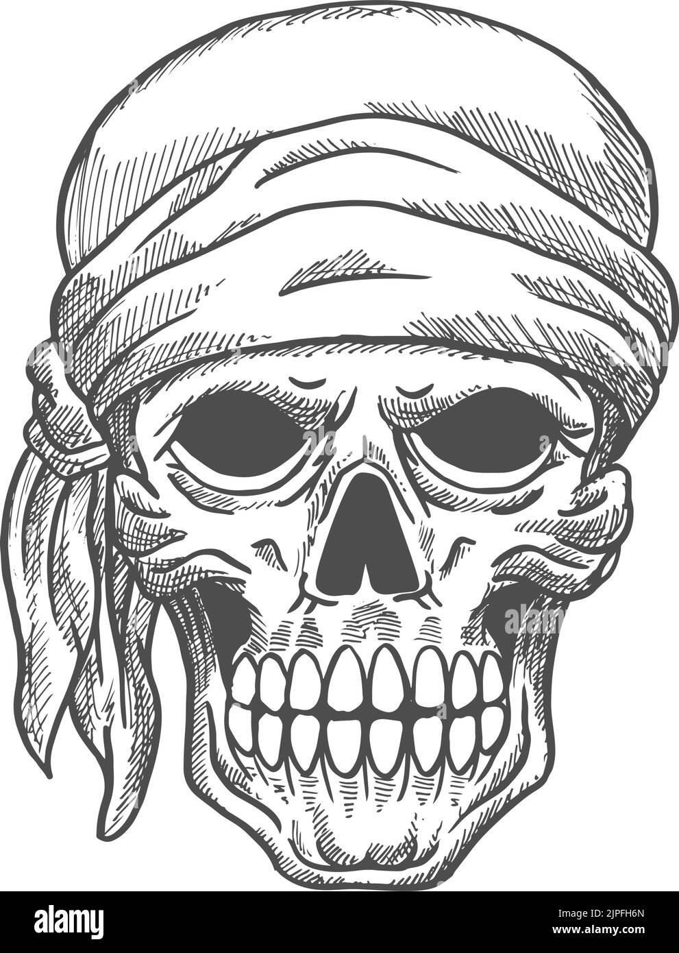 Cranio pirata in bandana isolato scheletro umano schizzo della testa. Vettore marittimo simbolo di morte Illustrazione Vettoriale