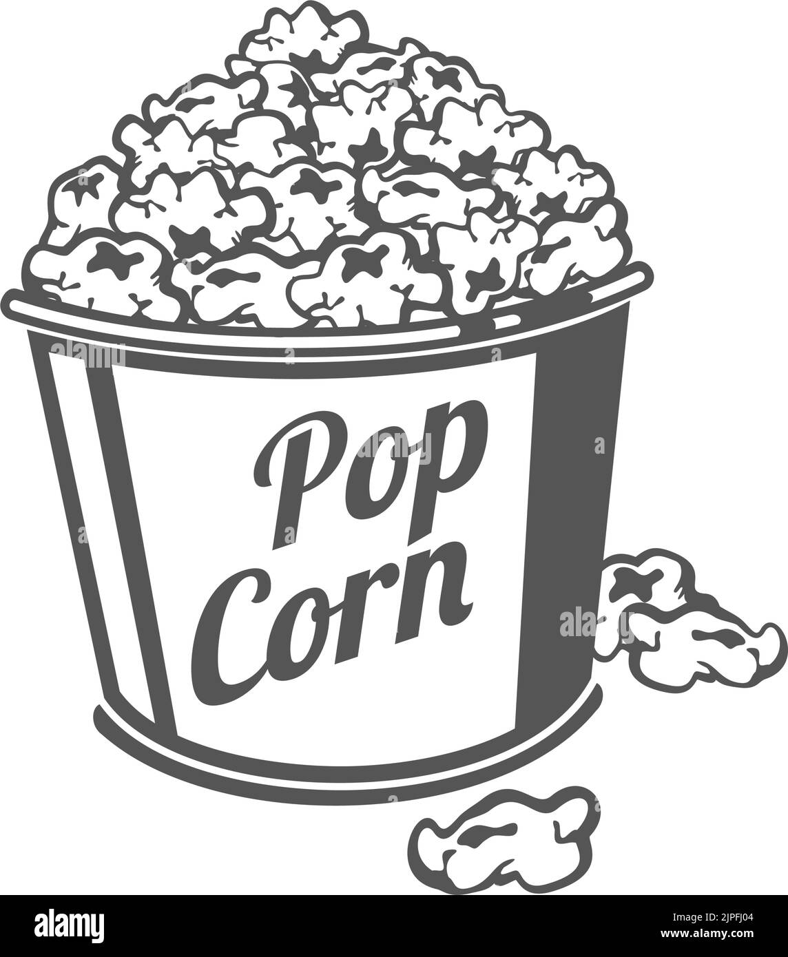 Popcorn film cinema cibo isolato monocromatico icona. Spuntino Vector fastfood, secchiello di popcorn, scatola di cibo da asporto. Semi di mais al forno zuccherati o salati in confezione, contenitore con pop-corn Illustrazione Vettoriale