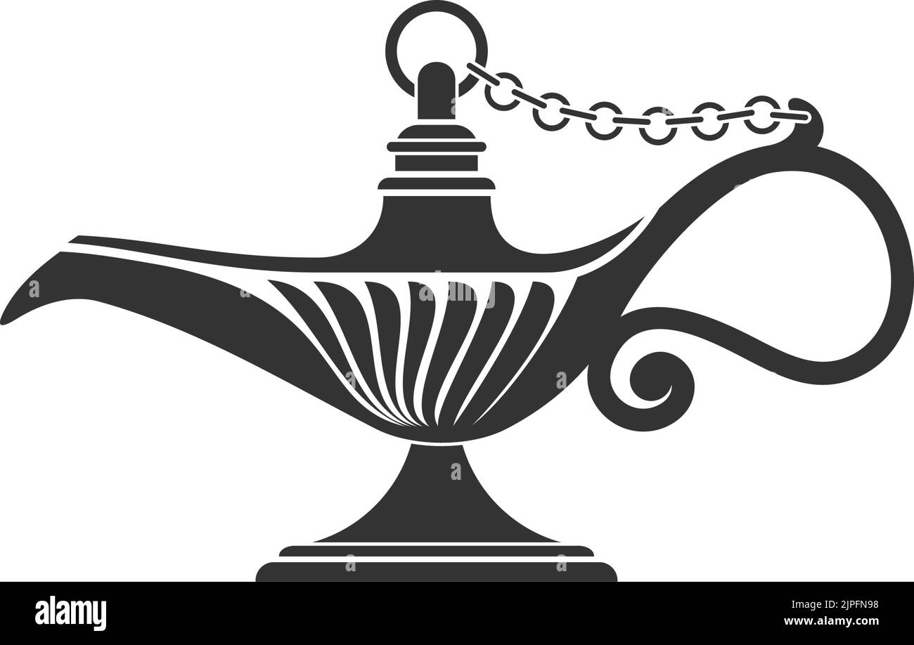 Aladdin o genie lampada ad olio icona isolata. Maglia magica arabica nera vettoriale Illustrazione Vettoriale