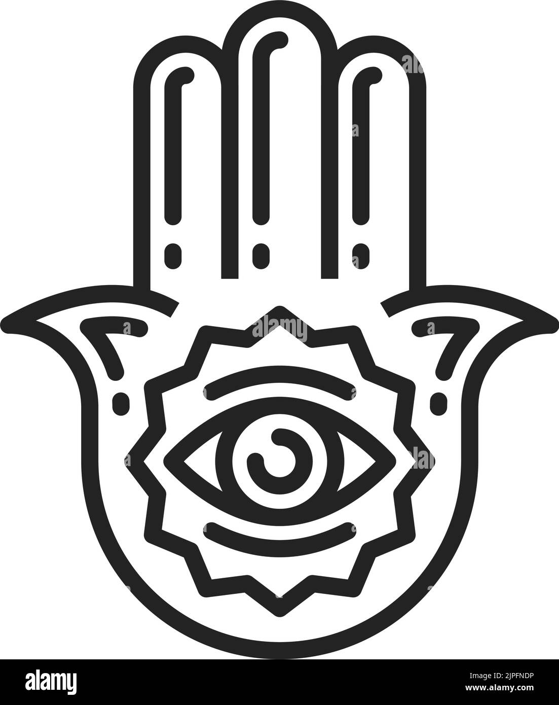 HAMSA Hand isolato lineare icona. Vettore linea arte religione ebraica, mano di Fatima con tutti gli occhi vedente, Maria Miriam Dea. Amuleto etnico comune in India, arabo, culture ebraiche, obereg contro il male Illustrazione Vettoriale