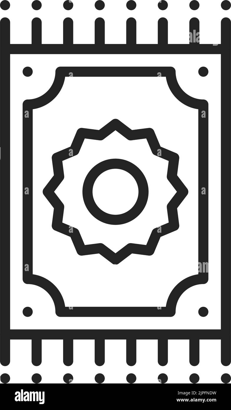 Musulmano tappeto di preghiera isolato namaz coperta contorno icona. Tappeto di preghiera Vector islam, tappeto islamico turco tappeto di culto salat pellegrinaggio coperta, moquette casa segno lineare. Sajadah Ramadan Kareem vacanza articolo Illustrazione Vettoriale