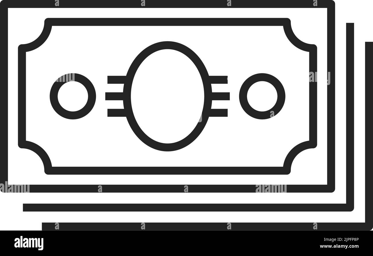 Pila di denaro contante isolato contorno icona. Simbolo lineare di stipendio, pagamenti o reddito vettore, investimento finanziario e segno di cambio valuta. Mucchio di banconote, denaro universale, valuta e tasse Illustrazione Vettoriale