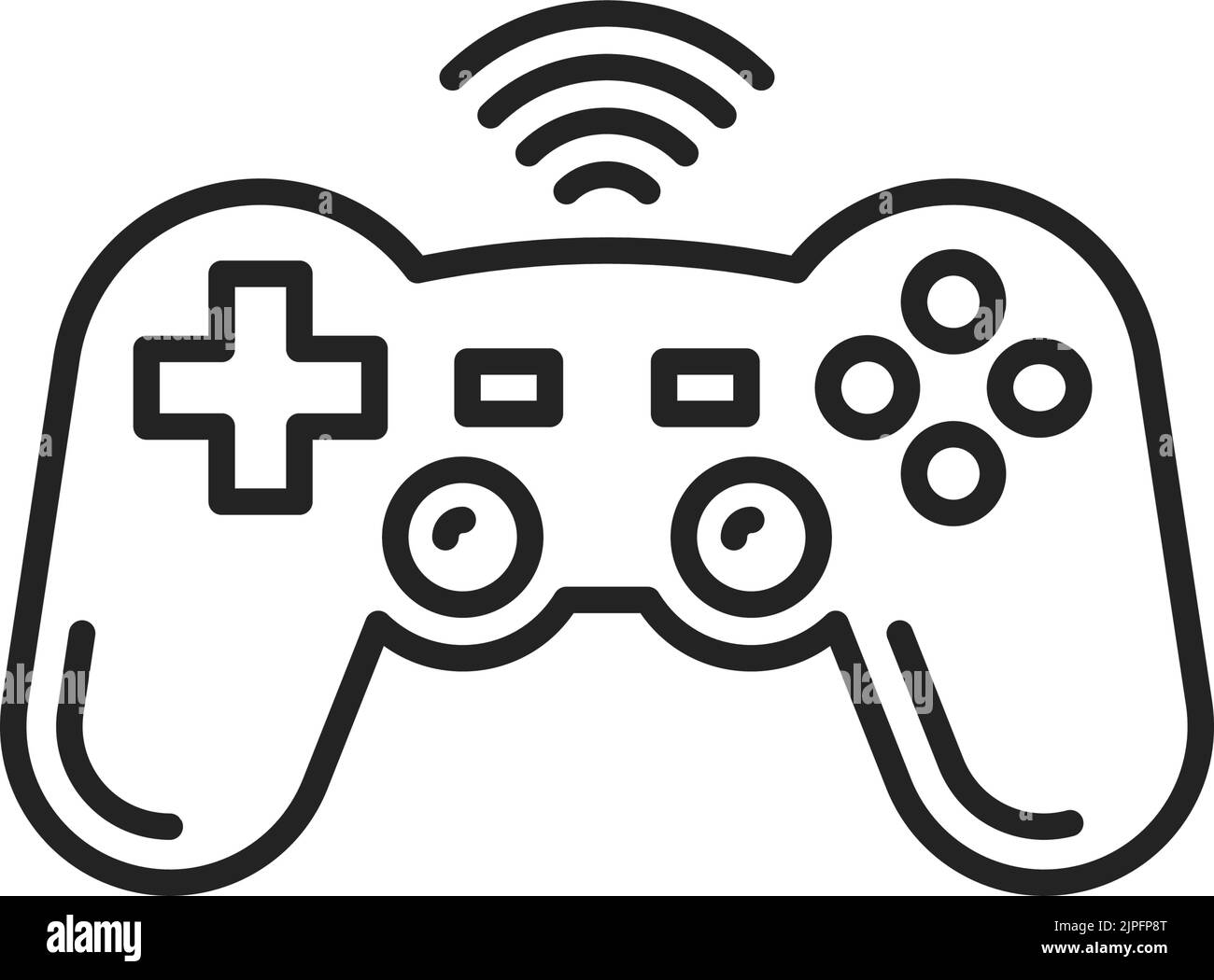 Icona contorno isolato del gamepad. Controller di gioco vettoriale, semplice joystick wireless di profilo che funziona su connessione wifi o bluetooth. Simbolo lineare playstation, dispositivo di controllo dei giochi per realtà virtuale vr Illustrazione Vettoriale