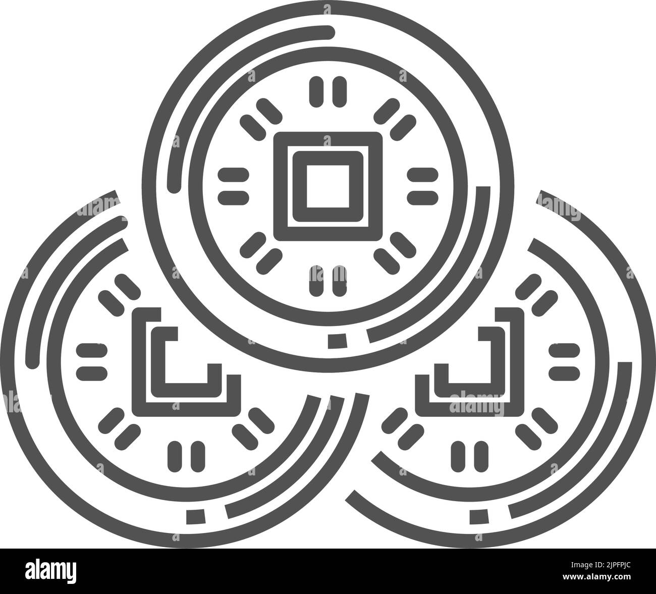 Giappone o Cina monete isolato contorno monocromatico icona. Segno di valuta del metallo asiatico del vettore. Fortune Circle, round coin of Luck, cinese o coreano, giapponese denaro, risparmio di yen investimento e finanza Illustrazione Vettoriale