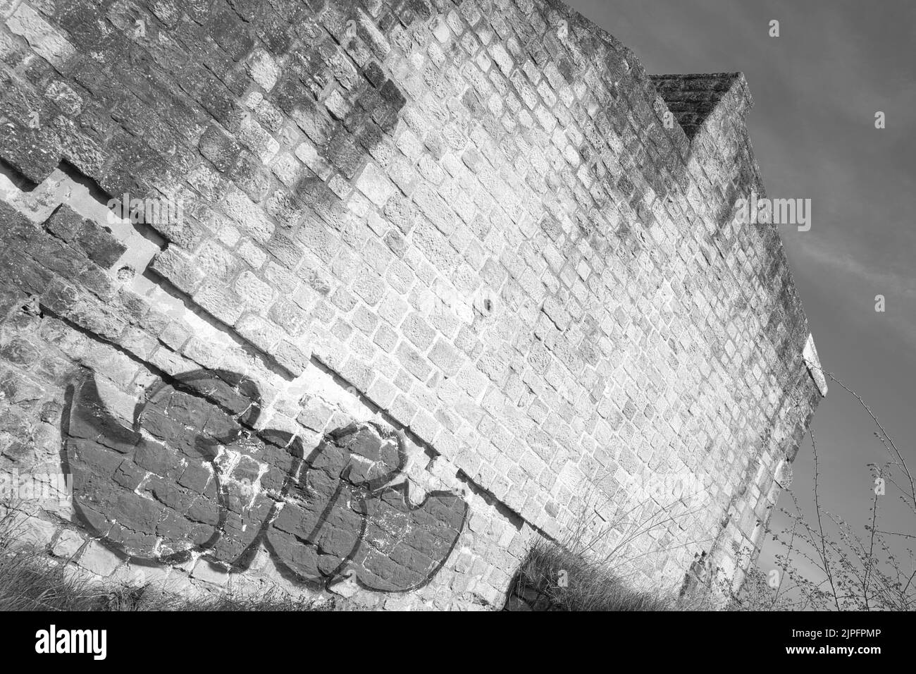 La scala di grigi dell'arte dei graffiti sulle pareti del museo di arte moderna in Lussemburgo Foto Stock