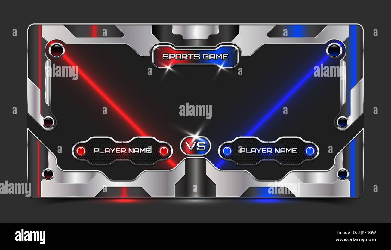 Sport game show banner futuristico con sfondo metallico 3D e luce al neon rossa blu per sport elettronici, pugilato, combattimento, wrestling. Illustrazione Vettoriale
