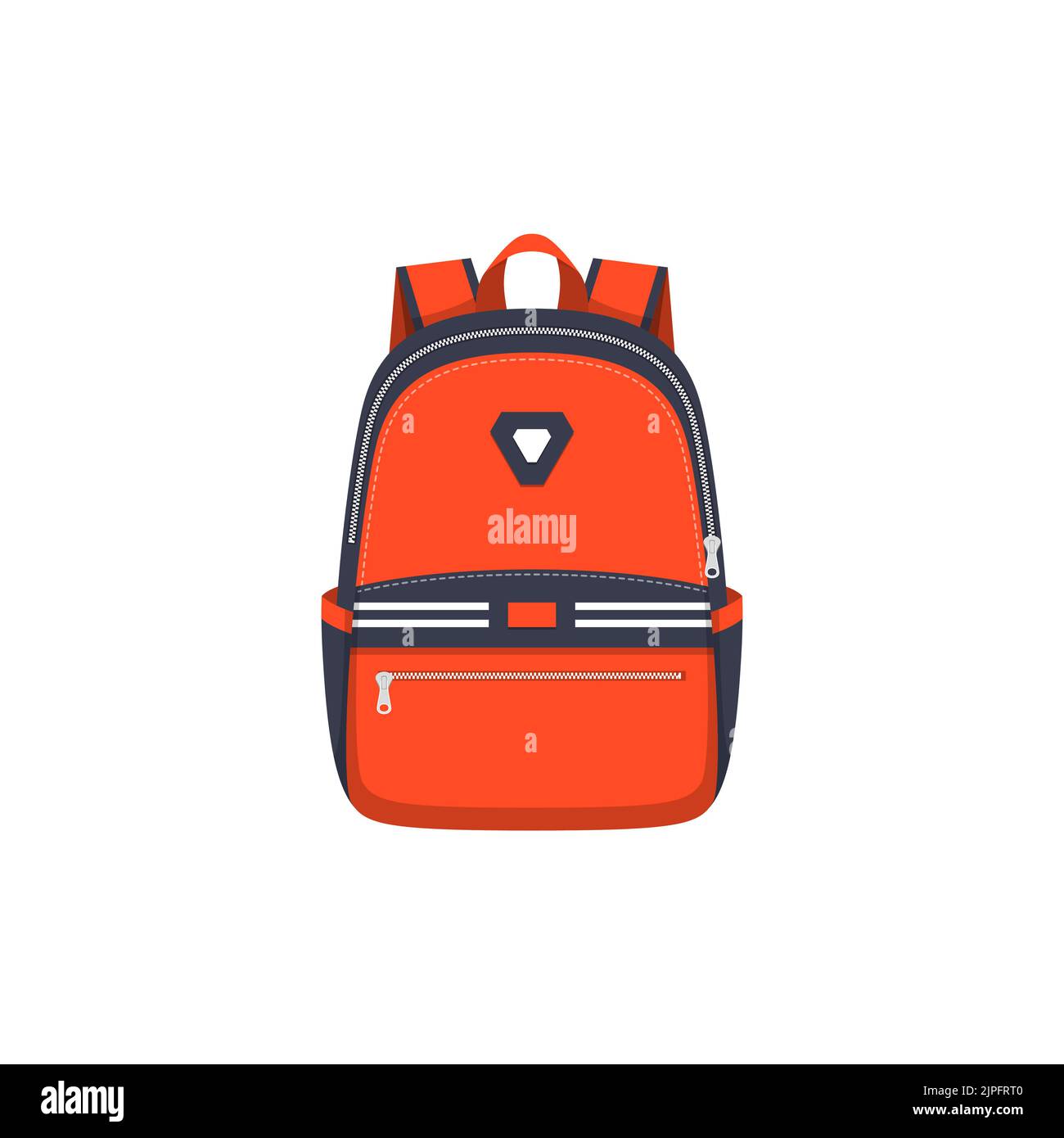 Zaino da scuola, zaino rosso o borsa vettoriale icona piatta. Borsa per studenti universitari e scolastici con tasche, zip, tasche e cinturini, zaino da viaggio e haversack sportivo, isolata Illustrazione Vettoriale