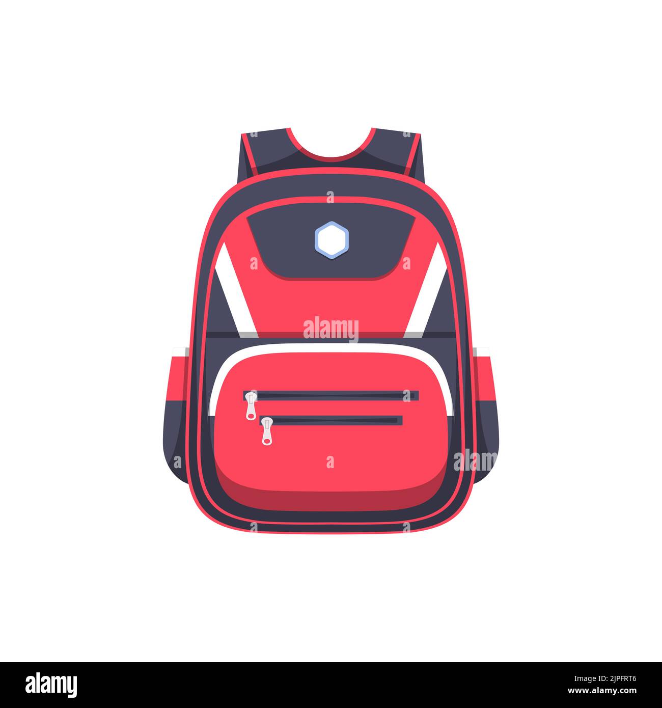 Zaino o zaino da viaggio, zaino sportivo e scolastico, icona piatta vettoriale. Zaino rosso per campeggio, trekking e trekking, valigia scolastica, borsa accessori carryon per bambini e spedizione con tasche Illustrazione Vettoriale