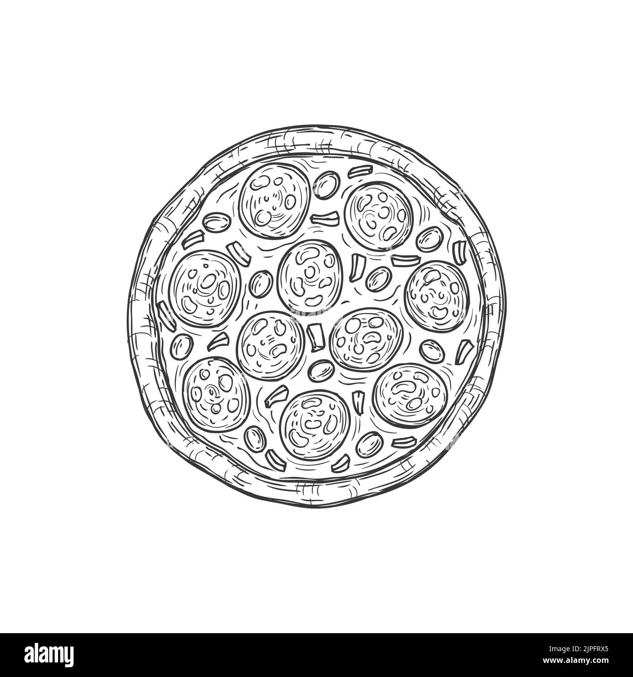 Vector pizza cibo al forno italiano con formaggio e verdure isolato monocromatico schizzo icona. Piatti fatti in casa, prodotti da forno. Pizza con mozzarella, ingredienti vegetali e carne Illustrazione Vettoriale