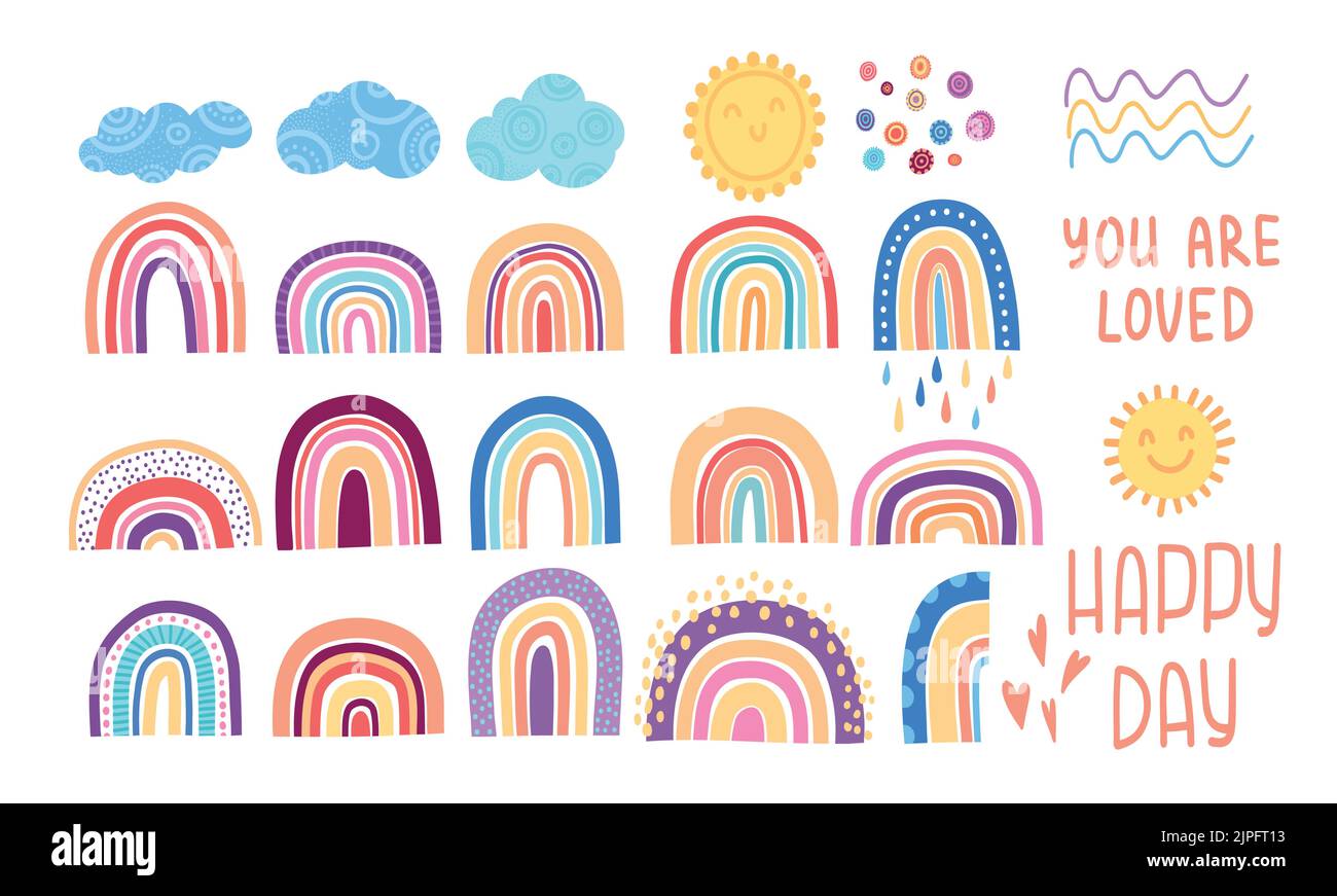 Carino arcobaleno colorato set. Collezione di illustrazioni vettoriali piatte per bambini. Meteo, meteorologia. Nuvole piovose e stelle isolate sul bianco Illustrazione Vettoriale