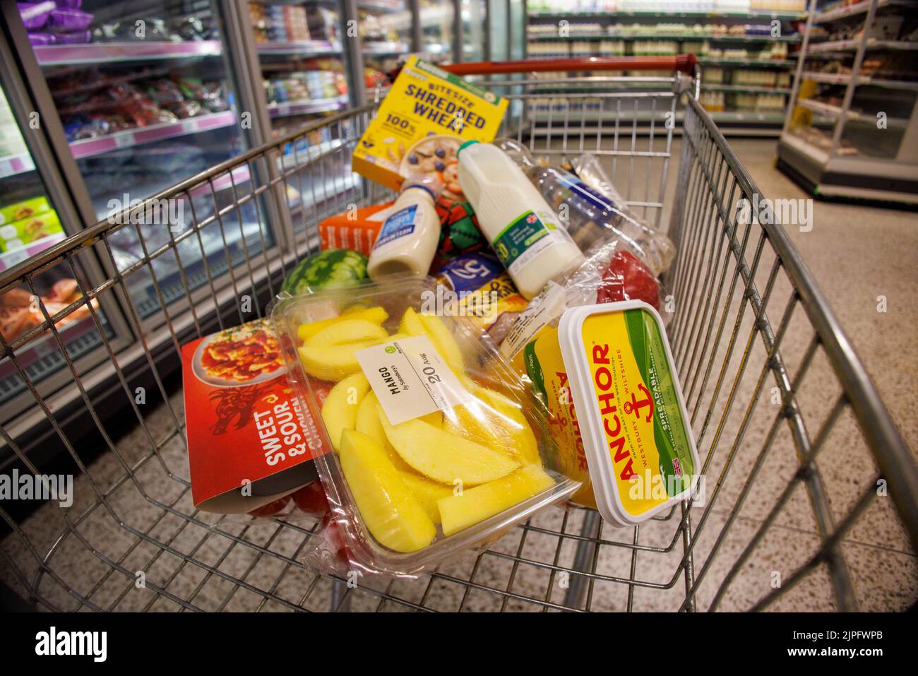 Supermercato alimentare e alimentari in generale come pasta, cereali e olio, come il costo della vita crisi ha visto i prezzi dei prodotti alimentari e le bollette energetiche aumentare drasticamente Foto Stock