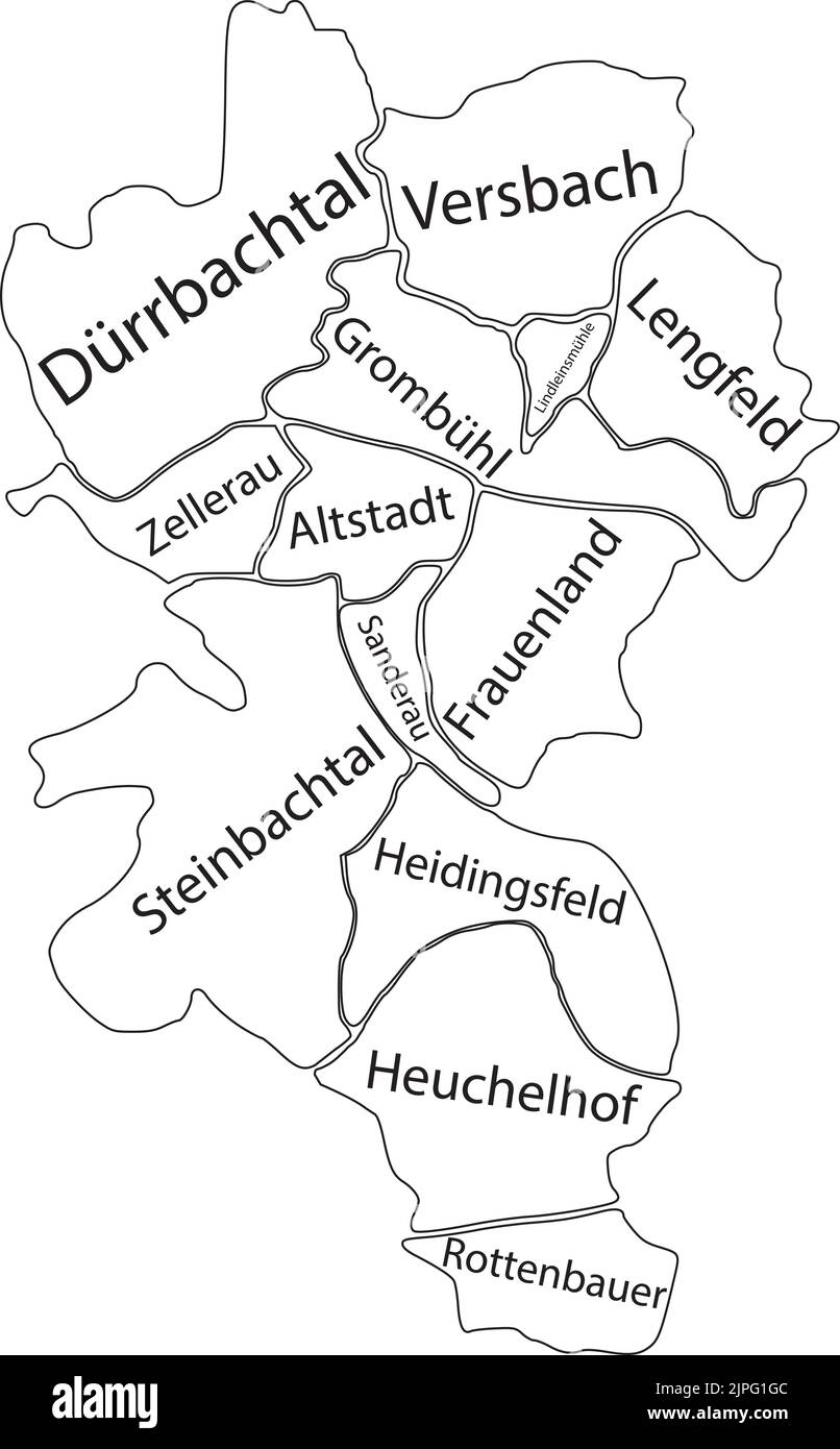 Mappa dei distretti di Würzburg, GERMANIA con tag bianchi Illustrazione Vettoriale