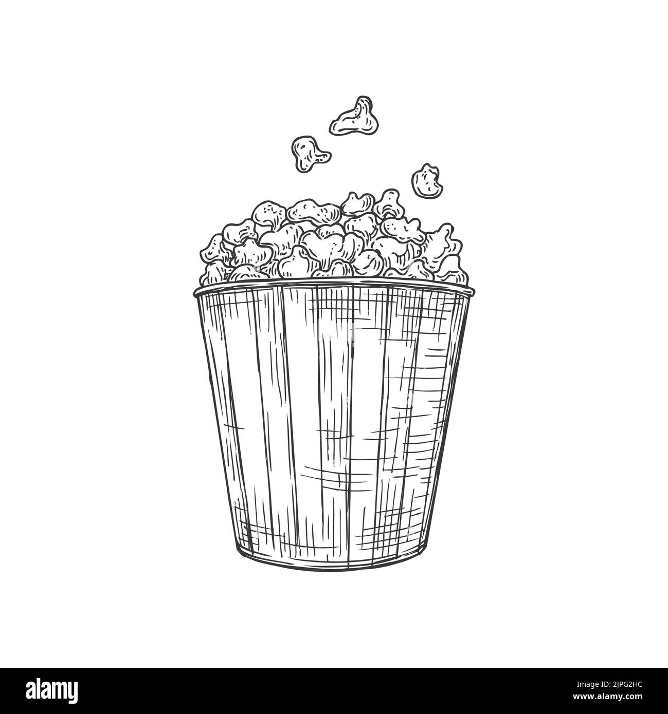 Secchio di popcorn isolato fast food snack monocromatico icona schizzo. Granoturco al forno zuccherato o salato in confezione, contenitore con pop-corn. Snack fastfood, secchiello di popcorn, scatola da asporto Illustrazione Vettoriale