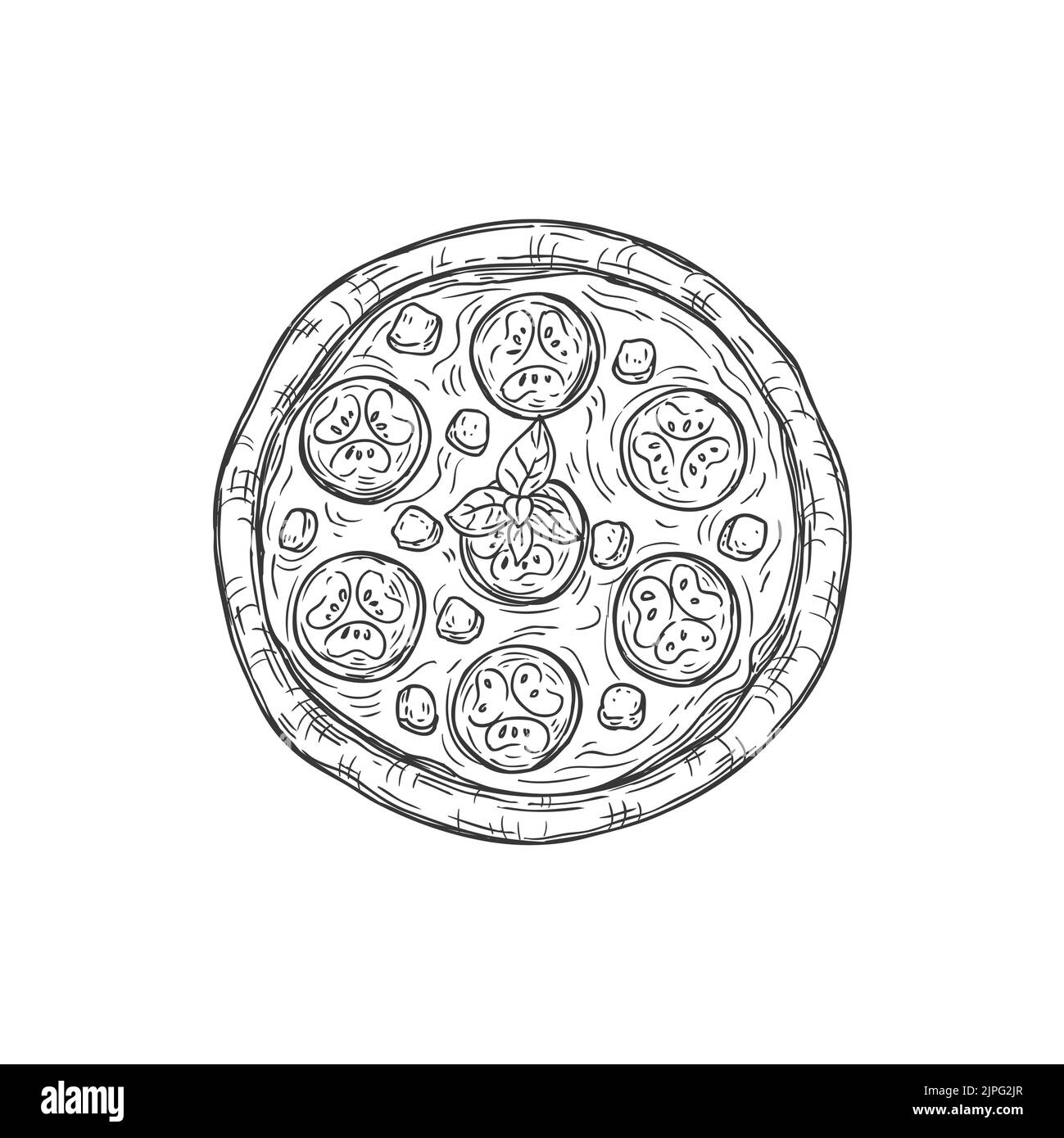 Pizza siciliana focaccia Italia cucina isolata monocromatica icona. Vector cibo al forno italiano con formaggio e verdure. Pizza siciliana fastfood, focaccia con condimenti ketchup, fette di pomodoro, olive nere Illustrazione Vettoriale