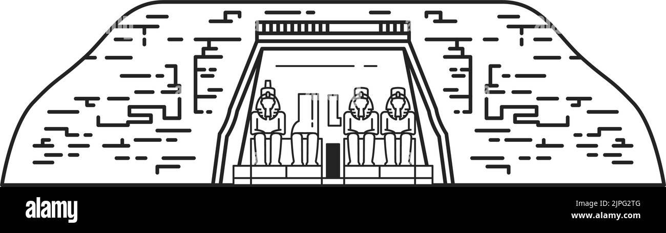 Egitto antico tempio con statue faraone, icona linea vettoriale. La cultura e la storia egiziana delle piramidi di Ramses pharaoh, grande tempio di Abu Simbel Illustrazione Vettoriale