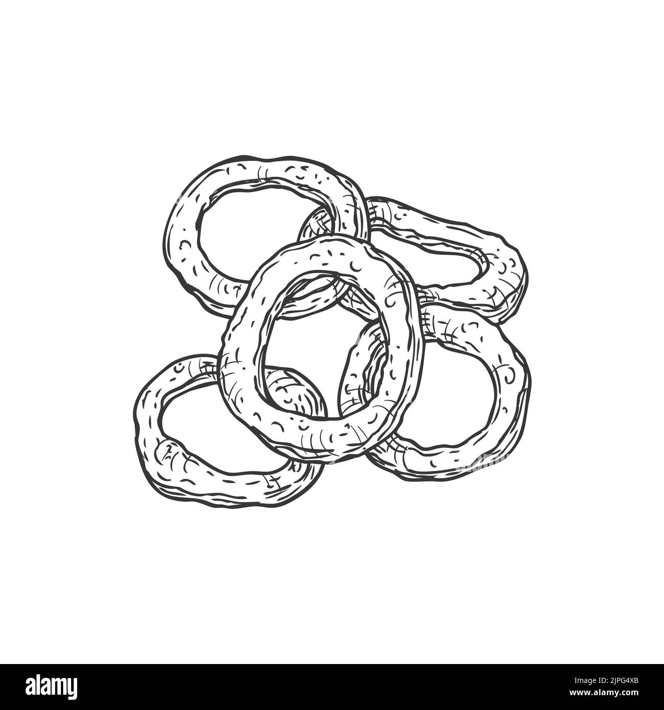 Croccante cipolla fritta anelli fastfood isolato monocromatico schizzo icona. Cibo da asporto Vector, cipolle grasse fritte in pastella. Cipolla fritta verdure circoli impanati nel burro. Fast food, pasto di strada Illustrazione Vettoriale