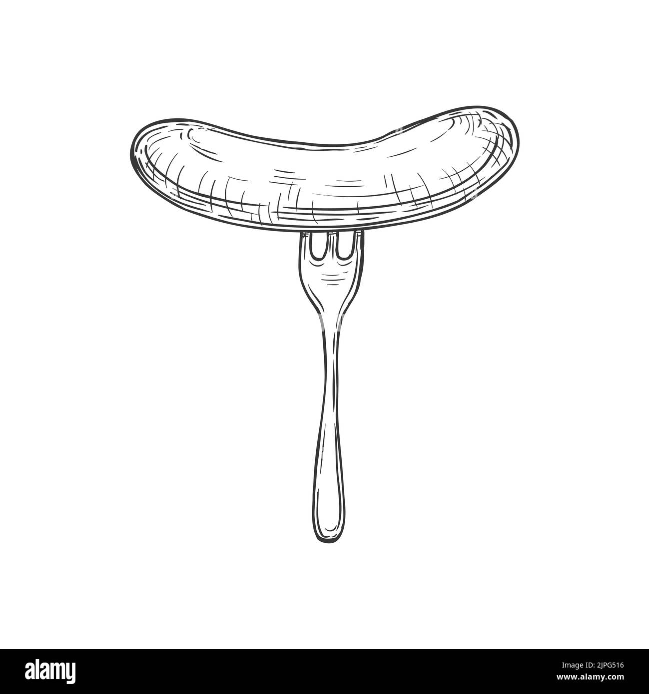 Cibo snack isolato salsiccia calda alla griglia sulla forcella monocromatico schizzo icona. frankfurter arrosto vettore, bratwurst su forchetta, pollo o piatto di carne di vitello. Cibo di carne, wurst barbecue di maiale, snack fastfood alla griglia Illustrazione Vettoriale