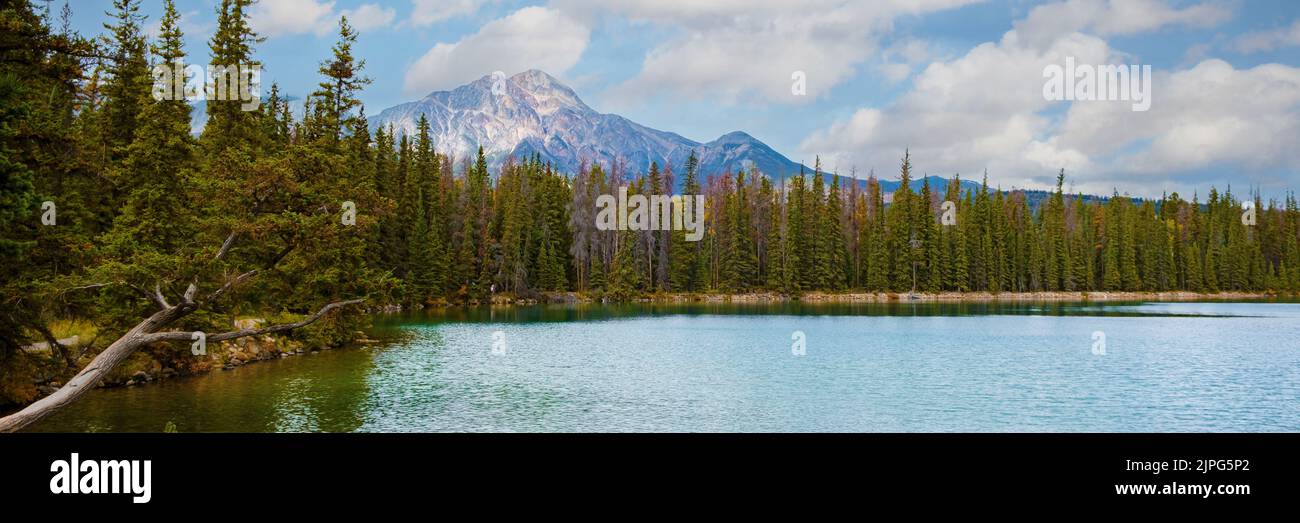 Lago in Canada con alberi autunnali durante la stagione autunnale con sullo sfondo montagne innevate. Foto Stock