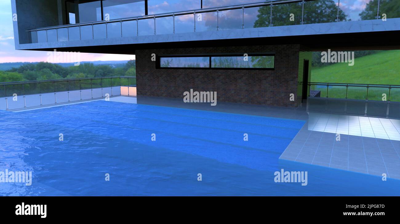 Scala in piscina sotto l'acqua. Terrazza coperta. Le finiture del pavimento sono piastrelle quadrate in ceramica. La terrazza è recintata con vetro con elementi di fissaggio in acciaio Foto Stock Scala in piscina sotto l'acqua. Terrazza coperta. Le finiture del pavimento sono piastrelle quadrate in ceramica. La terrazza è recintata con vetro con elementi di fissaggio in acciaio Foto Stock