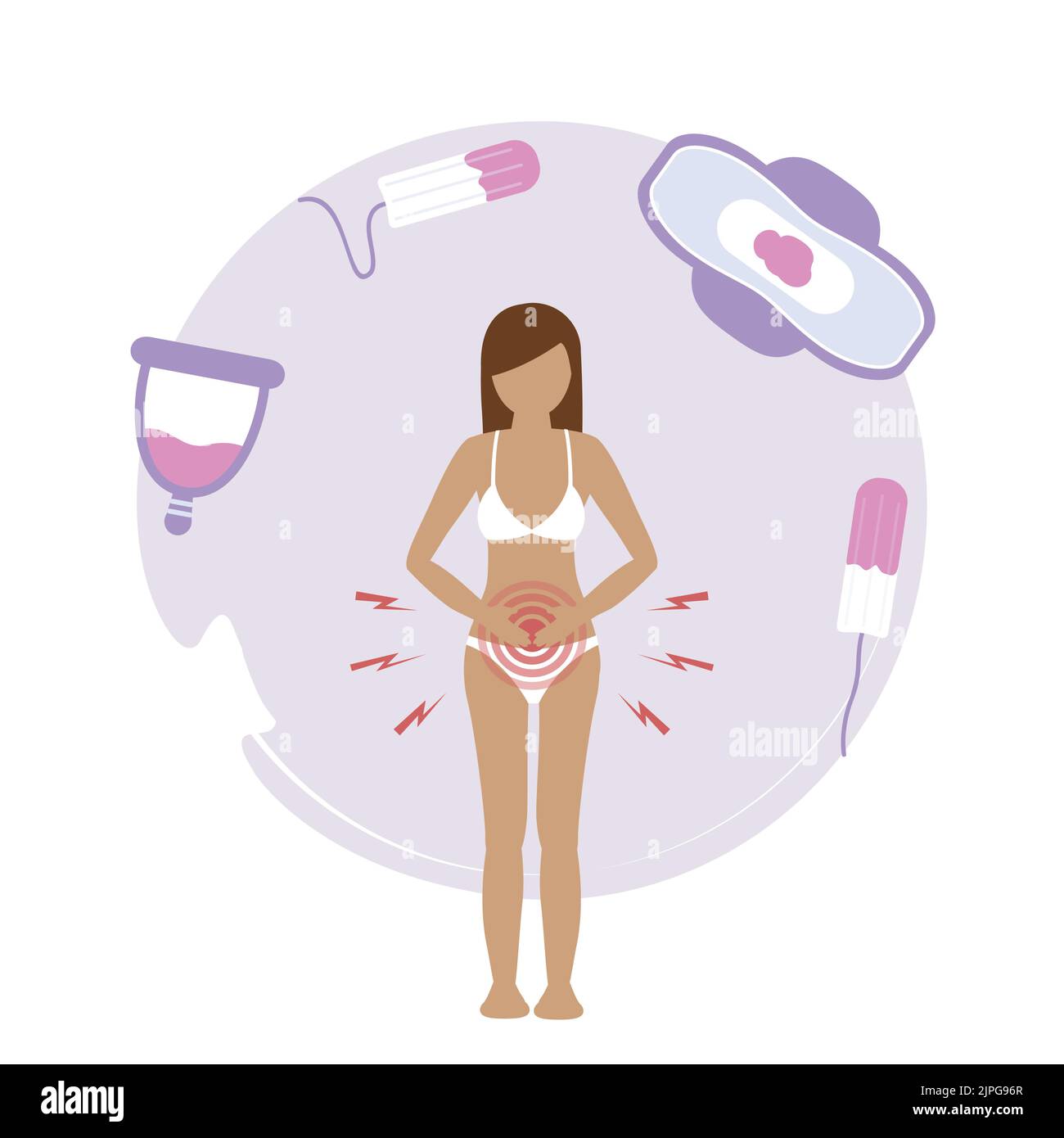 prodotti per l'igiene femminile mestruazioni donna con dolore Illustrazione Vettoriale