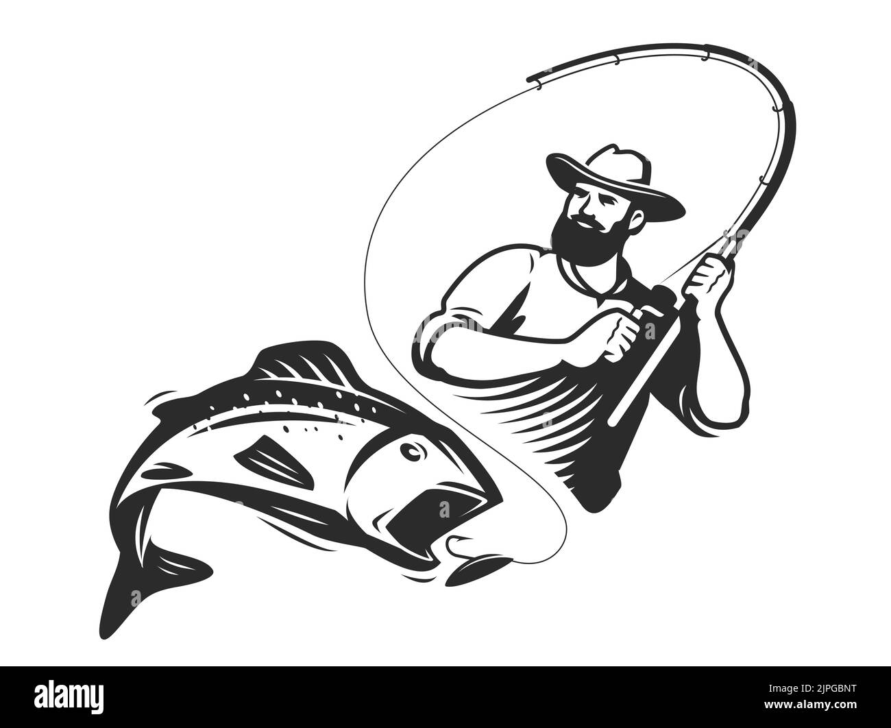 Il pescatore cattura il pesce sulla canna che gira. Logo o simbolo di pesca. Ricreazione all'aperto vettore illustrazione isolato Illustrazione Vettoriale