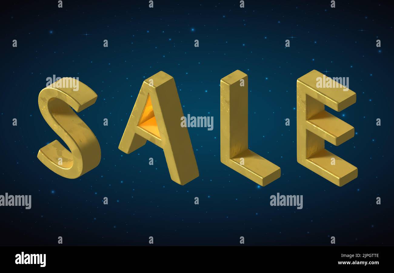 Iscrizione vendita 3D lettere dorate sullo sfondo dello spazio Foto Stock