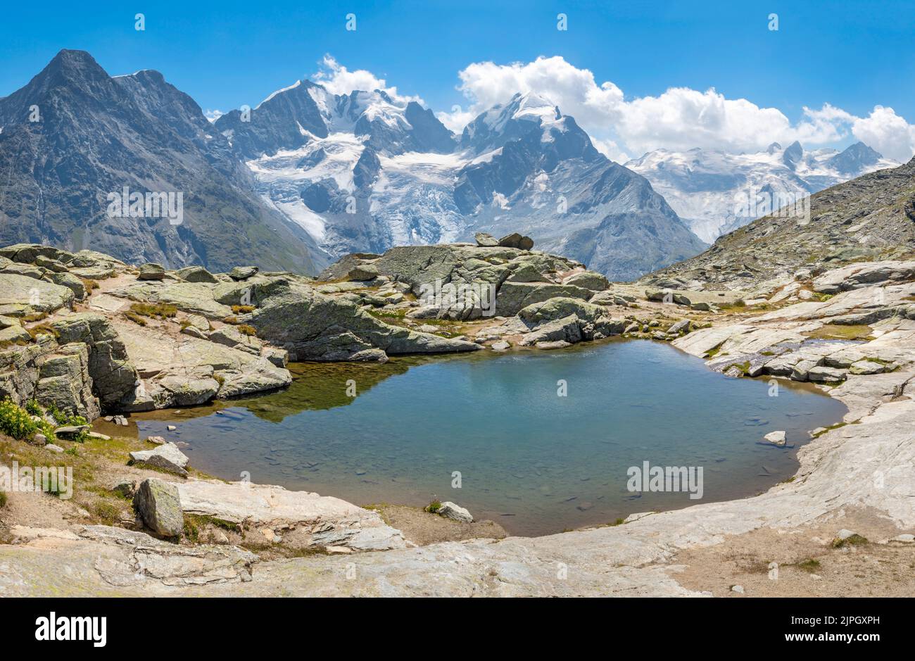 Il panorama delle vette di Piz Bernina e Piz Roseg. Foto Stock