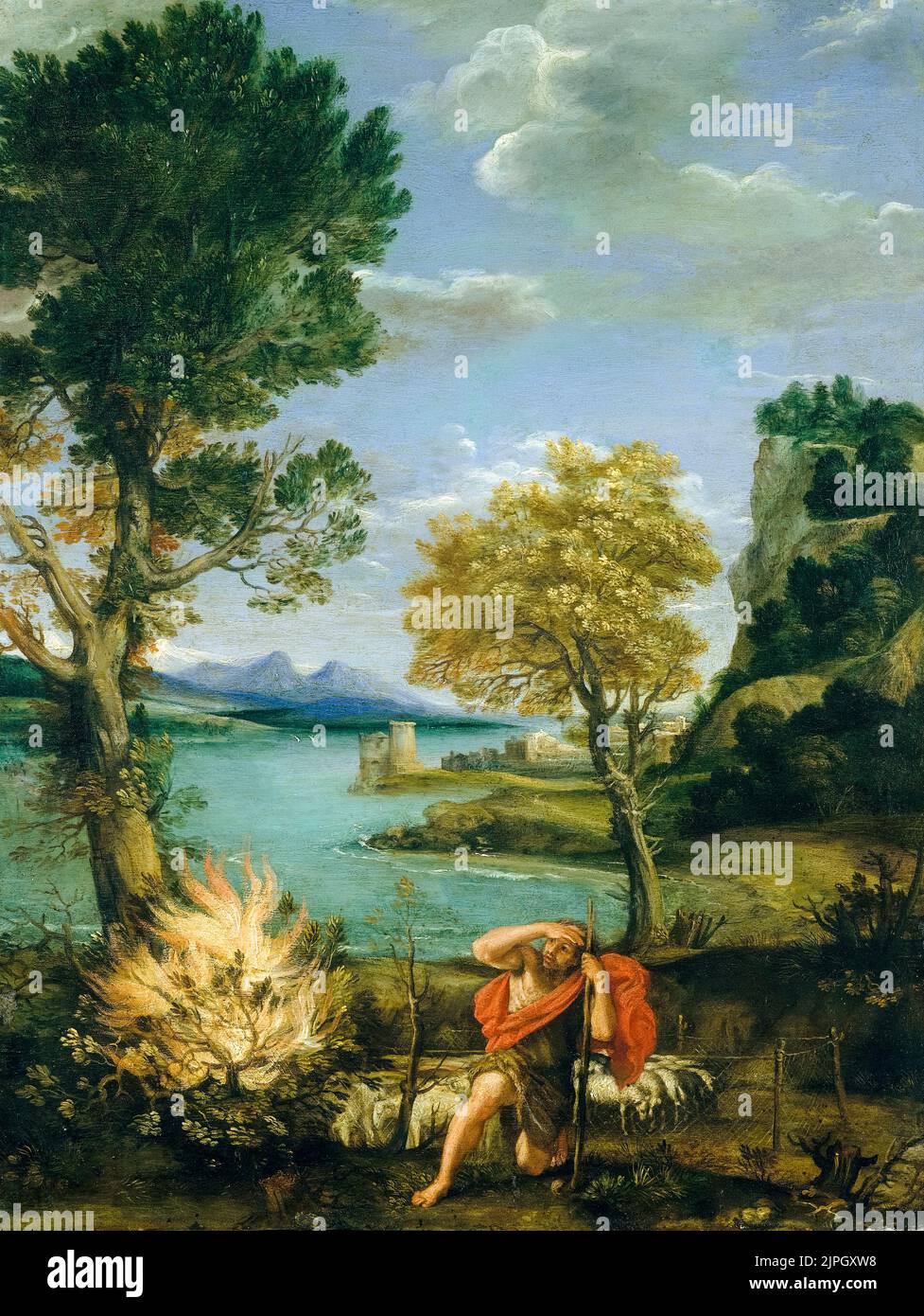 Domenico Zampieri chiamò Domenichino, Paesaggio con Mosè e il Bush ardente, dipinto ad olio su rame, 1610-1616 Foto Stock