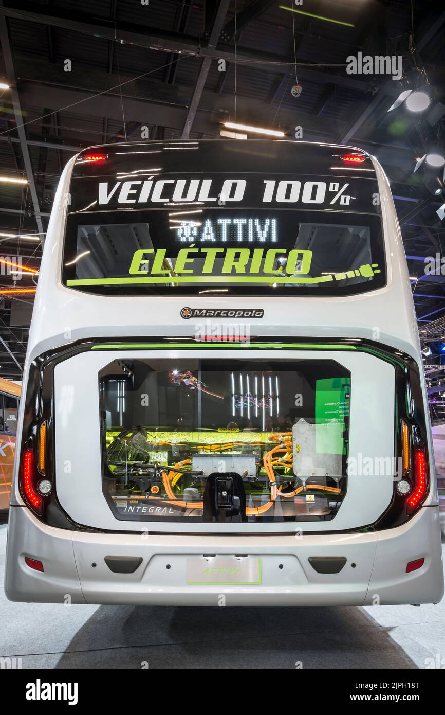 Veicolo elettrico Marcopolo Attivi Padron in mostra alla mostra LAT.BUS 2022, che si svolge nella città di São Paolo. Foto Stock