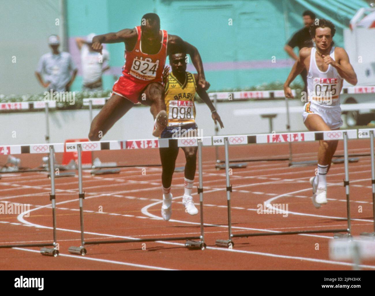 GIOCHI ESTIVI OLIMPICI A LOS ANGELES 1984 EDWIN MOSES USA 400M OSTACOLI Foto Stock