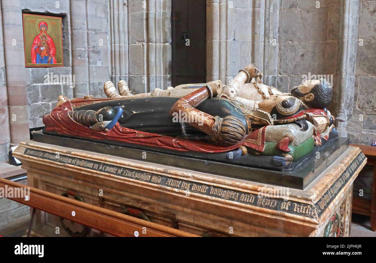 Monumento di Alexander Denton e la sua prima moglie Anne Willison, e il suo bambino vestito in abiti ondolanti a Santa Maria la Vergine Cattedrale Hereford Foto Stock