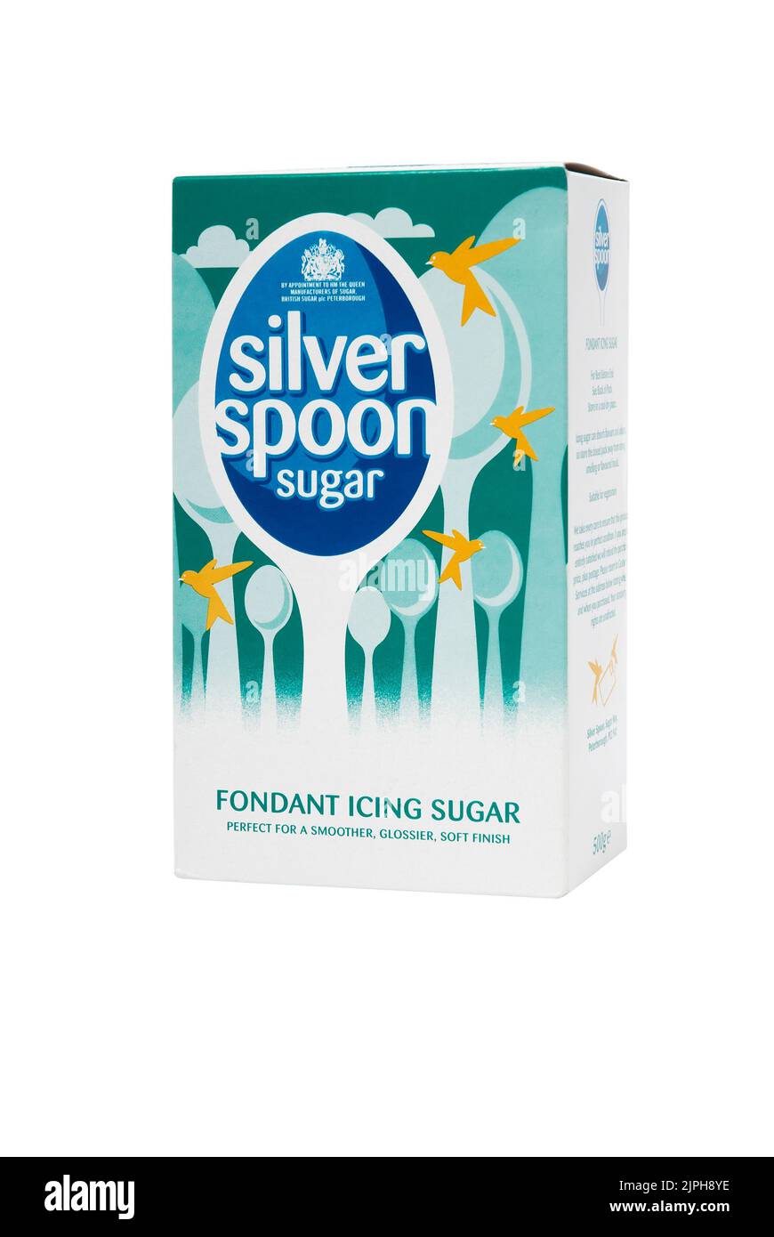 Scatola del cucchiaio d'argento fondente di zucchero a velo. Studio shot isolato su bianco. British Sugar plc è una società consociata di un Foto Stock