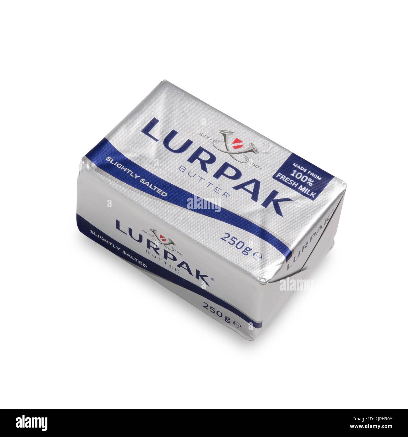 Blocco di burro di Lurpak 250g leggermente salato. Nel 1957 il burro danese Lurmark cambiò il suo nome in Lurpak. Foto Stock