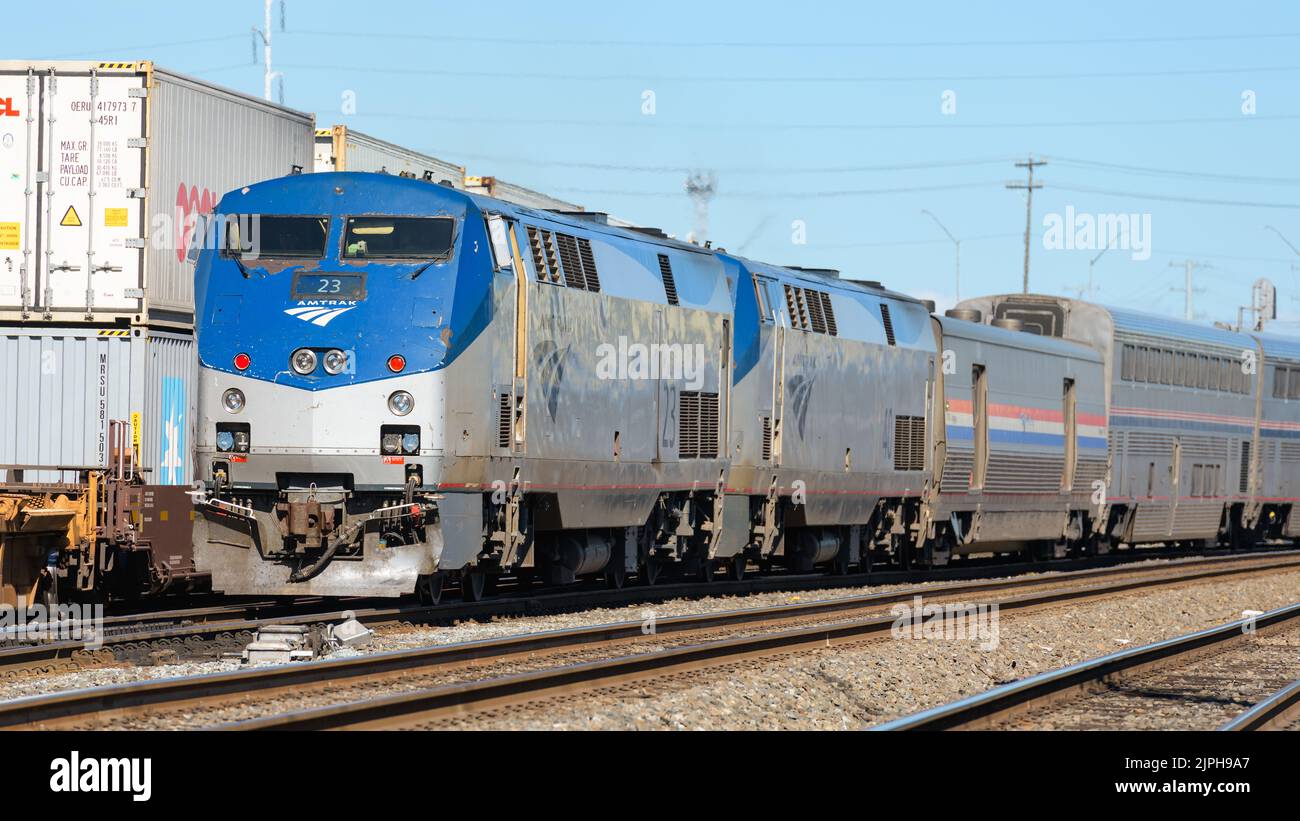 Seattle - 14 agosto 2022; treno passeggeri Starlight della Amtrak Coast a Seattle Foto Stock