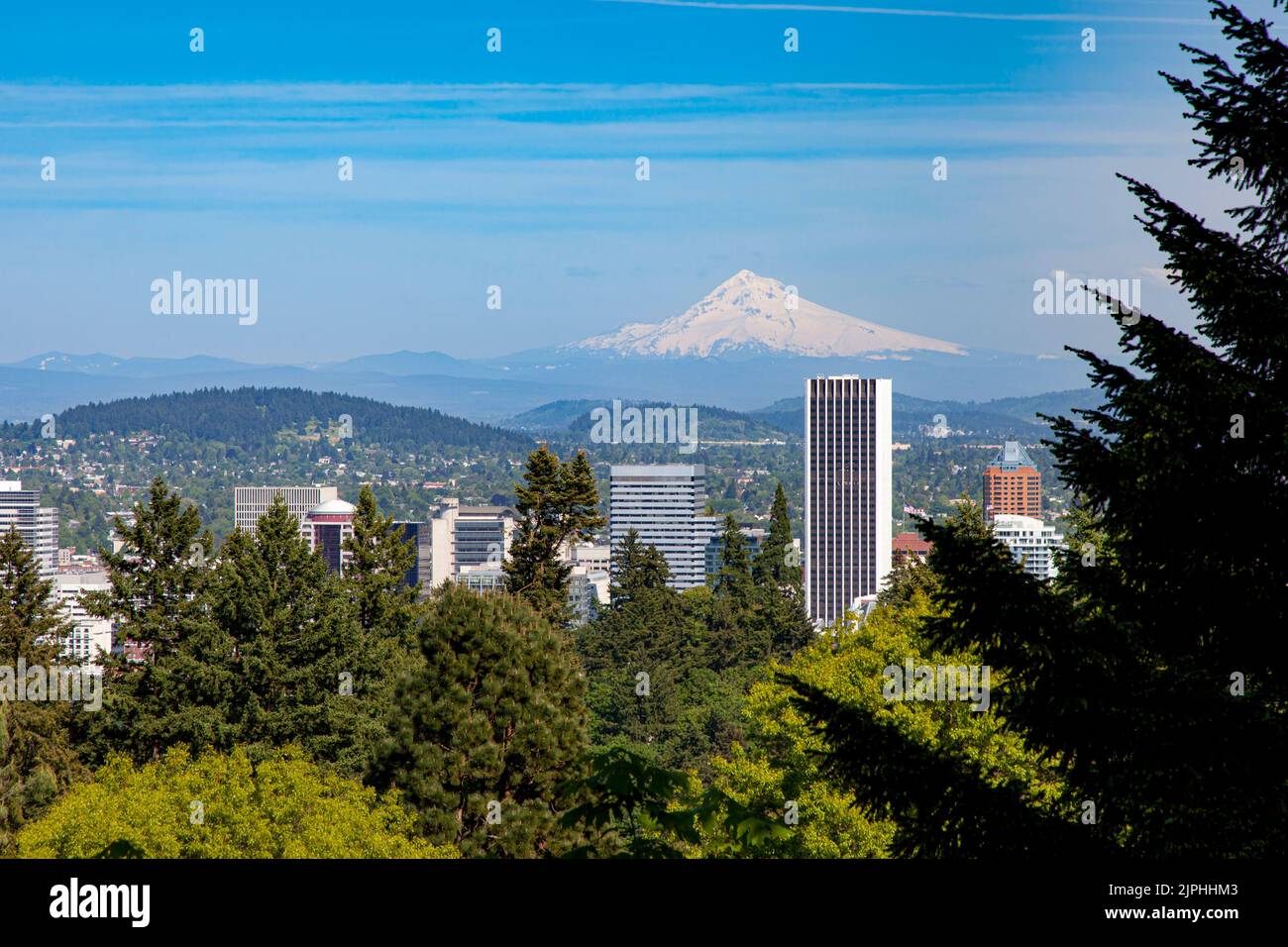 Skyline di Portland con Mt Hood Beyond, Oregon, Stati Uniti Foto Stock