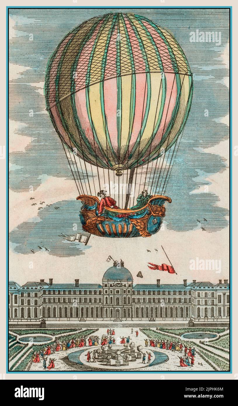 Illustrazione vintage primo volo in mongolfiera a idrogeno. Francia expérience du globo aérostatique du mm. Charles et Robert au Jardin des Thuileries le 1er dicembre 1783, A Parigi : Chez Esnauts et Rapilly, rue St. Jacques, à la ville de Coutances, [1783] Jacques Alexandre César Charles e Nicolas-Louis Robert cavalcano in gondola di una mongolfiera che sale dal Giardino delle Tuileries, Parigi, Francia, 1 dicembre 1783 nel primo volo in mongolfiera a idrogeno. «Premier voyage aérien exécuté dans un aérostat à gaz dihydrogène par Jacques Alexandre César Charles et Nicolas-Louis Robert» Foto Stock