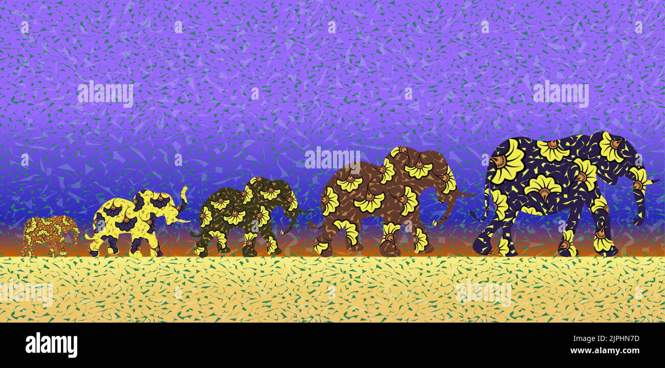 Elefanti etnici, Africa o Thai Stampa tessuto sfondo batik, ornamento fatto a mano per il vostro disegno, fiori Afro colorati motivi tribali. Animale vettoriale Illustrazione Vettoriale