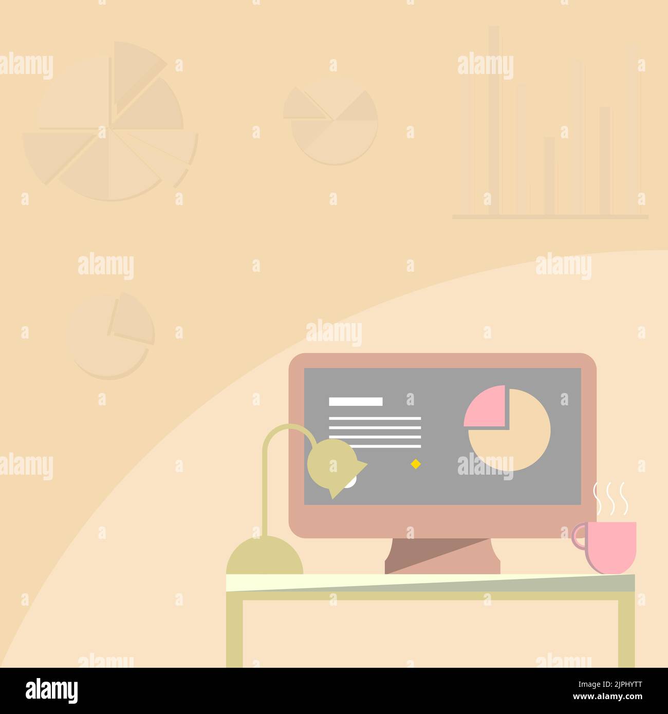 Desktop poggiato su Un tavolo accanto alla tazza da caffè e alla luce che mostra il processo di lavoro. Area di lavoro organizzata con la visualizzazione di progetti di lavoro remoti. Illustrazione Vettoriale Desktop poggiato su Un tavolo accanto alla tazza da caffè e alla luce che mostra il processo di lavoro. Area di lavoro organizzata con la visualizzazione di progetti di lavoro remoti. Illustrazione Vettoriale