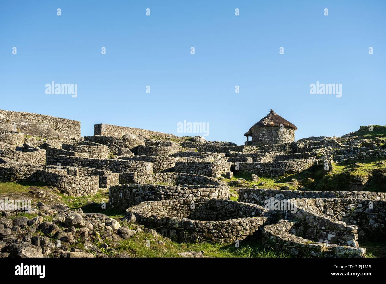 Rovine di antiche abitazioni in pietra dell'insediamento celtico nel sito archeologico di Castro de Santa Trega, Pontevedra, Spagna Foto Stock