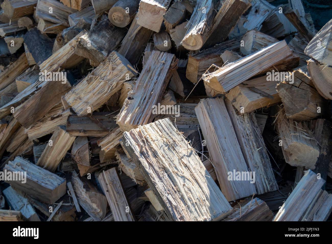 Deposito di legno per i periodi di inverno, alternativa di costi alti di energia per scaldare le case. Energia di legno per usare come combustibile. Costi elevati di elettricità e gas. Foto Stock