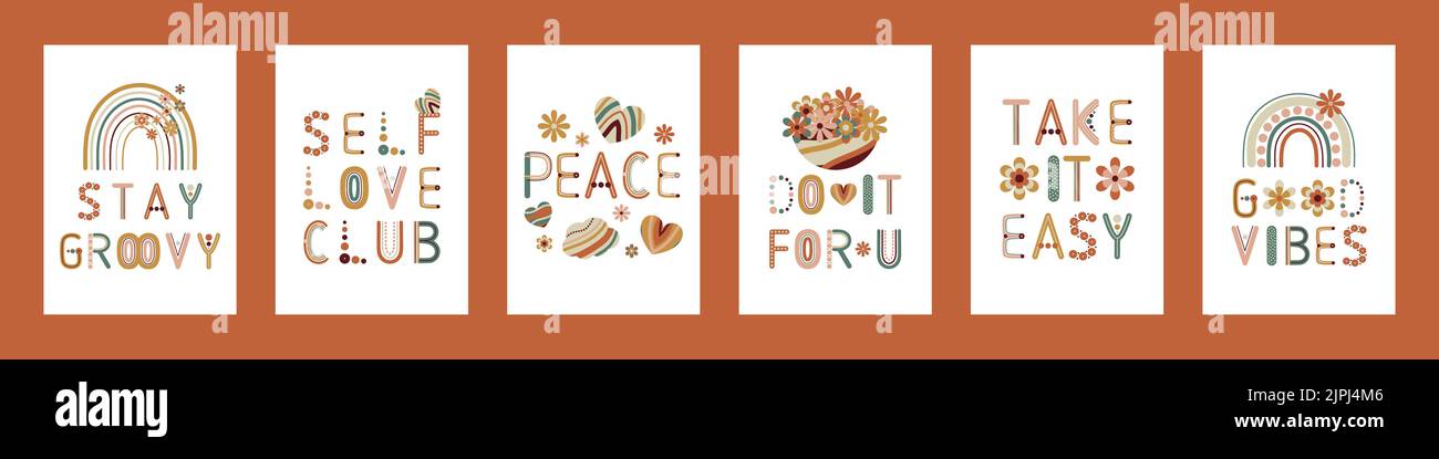 Set di virgolette groovy. 70 s stampa di biglietti con lettere arcobaleno. Vettore stampabile per arredamento da parete, biglietti, poster in giallo, arancione, marrone, annata verde c Illustrazione Vettoriale