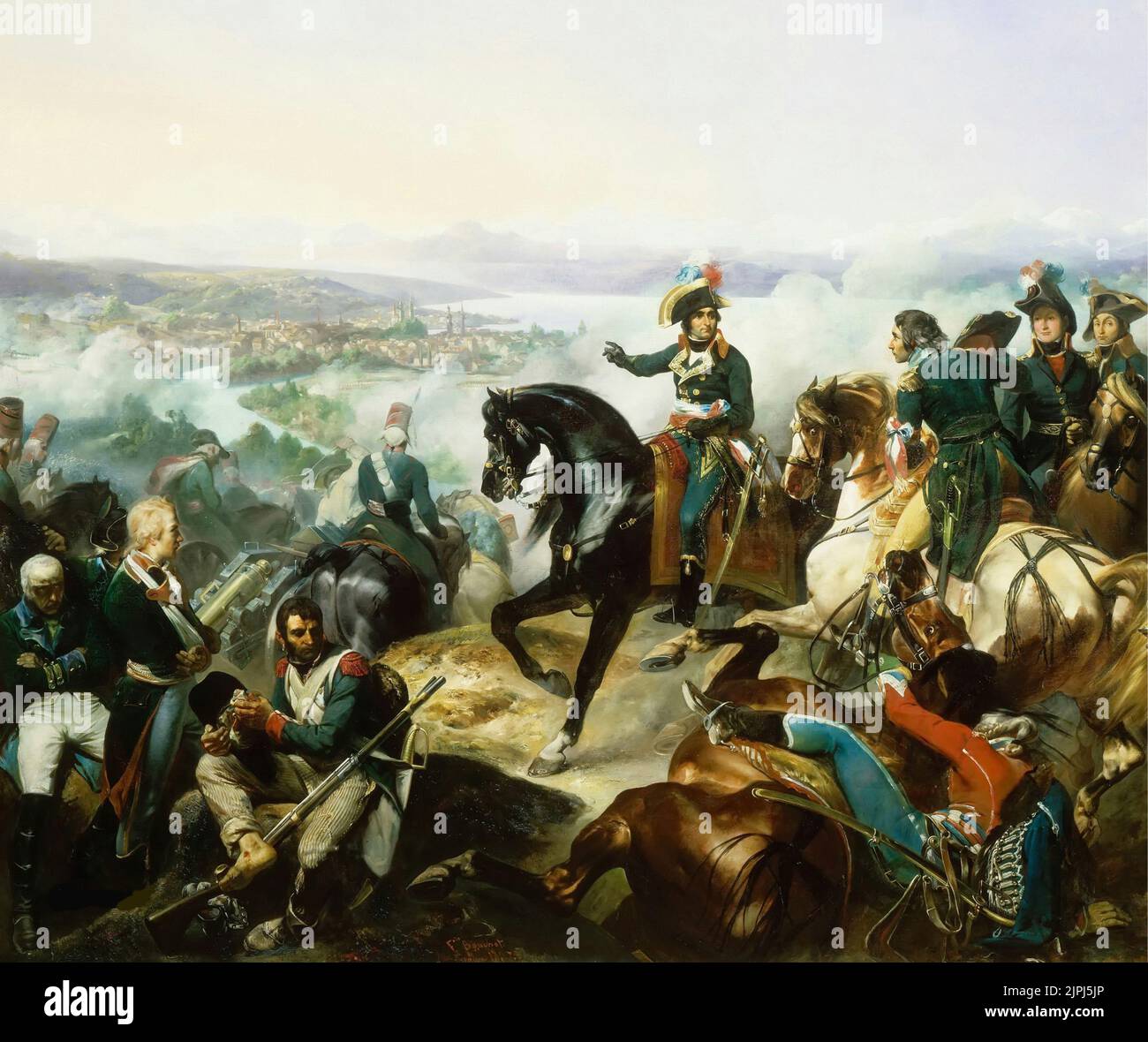 Vittoria francese su Austriaci e Russi alla seconda battaglia di Zürich, di Francesco Bouchot. La Battaglia di Zurigo, 25 settembre 1799, con André Masséna a cavallo, di Francesco Bouchot Foto Stock