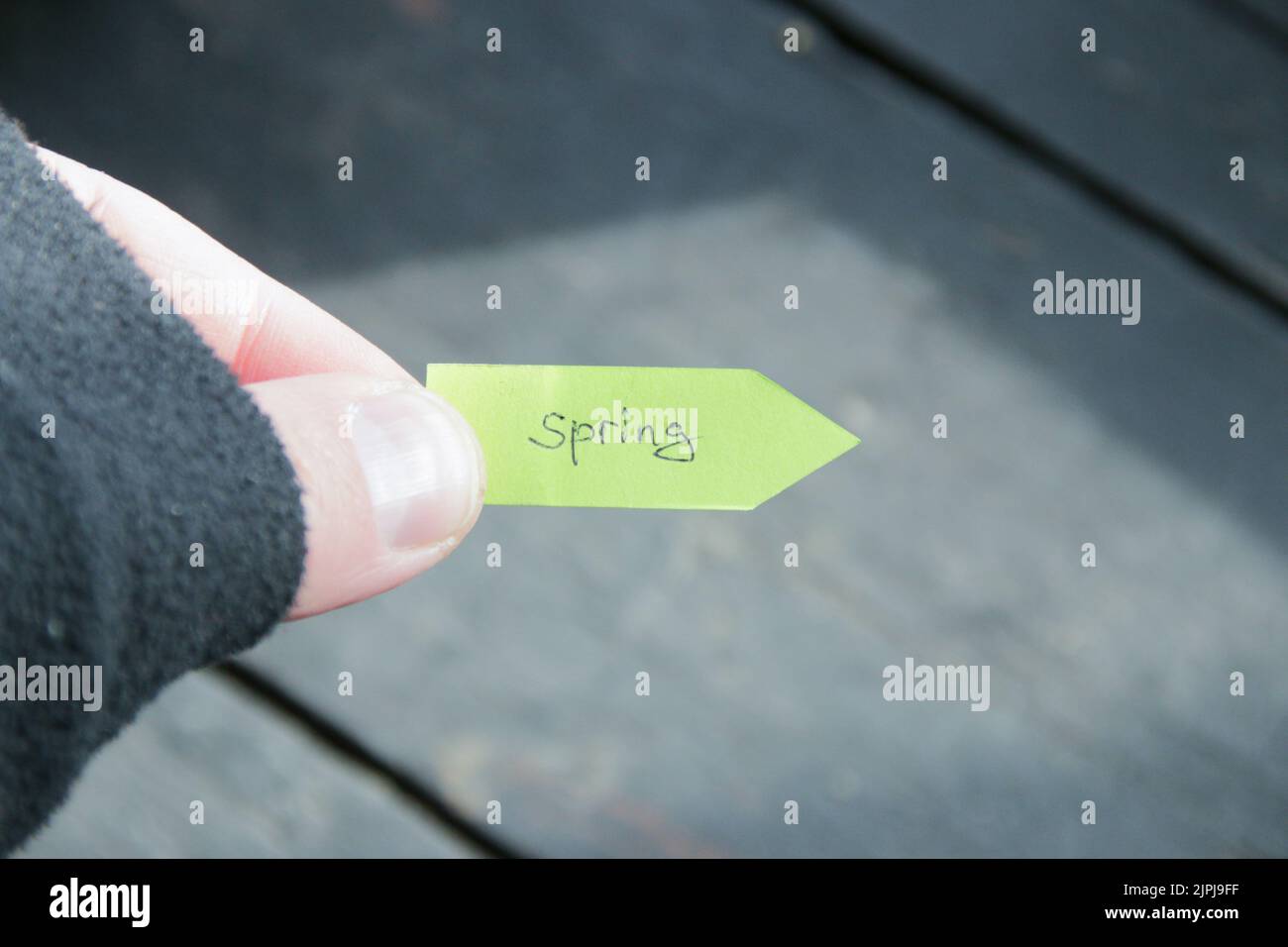 Puntatore verde con l'iscrizione primavera, concetto creativo Foto Stock